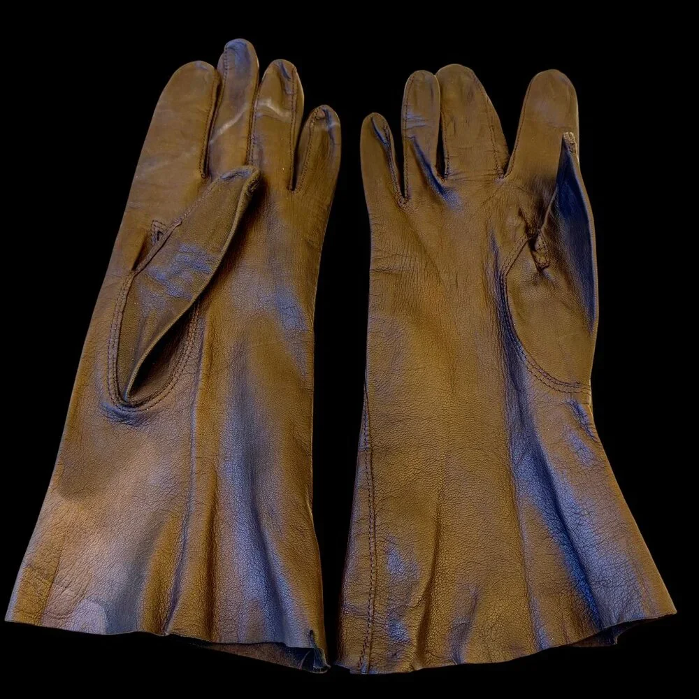 Vintage Brown Leather Gloves Unlined Above Wrist WASHABLE Womens 7.5